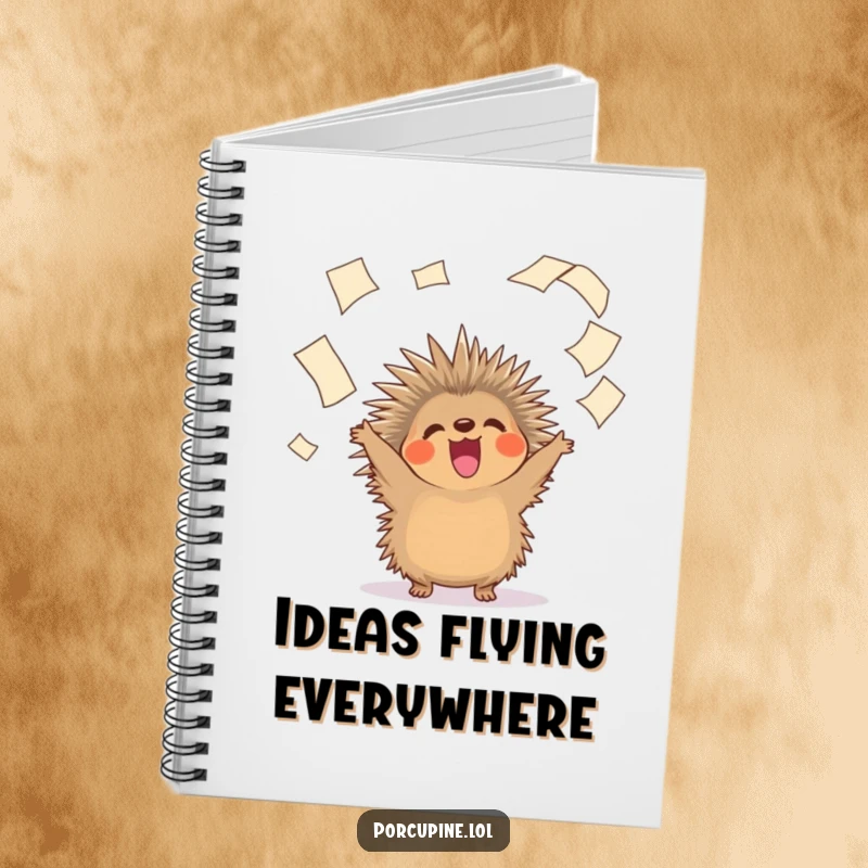 Funny notebook cover showing a porcupine gleefully tossing papers, inspiring messy but brilliant ideas.