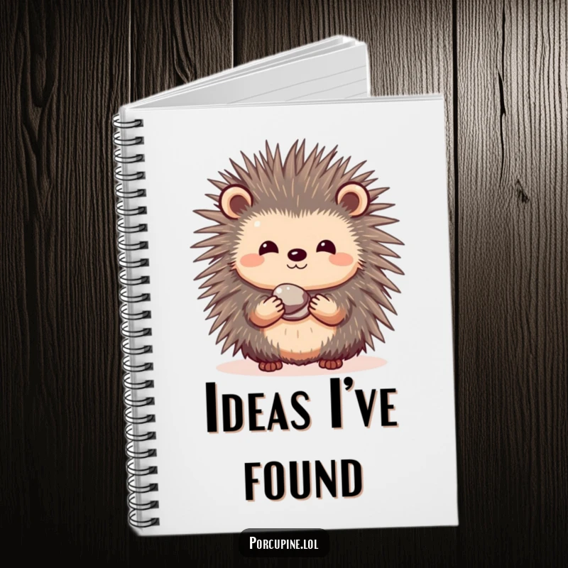 Funny notebook with a shy porcupine offering a shiny pebble, perfect for writing kind thoughts and gentle reminders.
