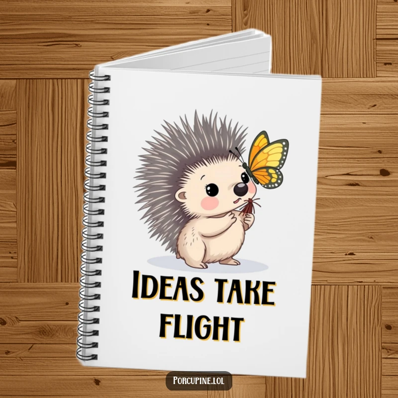 Funny notebook with a porcupine looking intrigued as a butterfly lands on its quill, perfect for capturing curious thoughts.