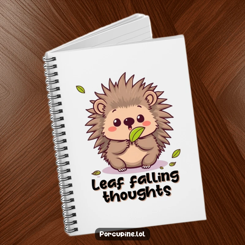 Funny notebook featuring a kawaii porcupine with a surprised expression to a falling leaf, great for jotting down amusing thoughts.