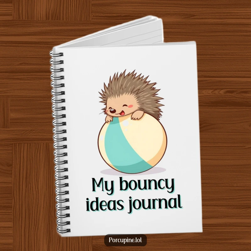 Funny beach ball porcupine notebook featuring a happy porcupine bouncing on a beach ball, perfect for note-taking and doodling.