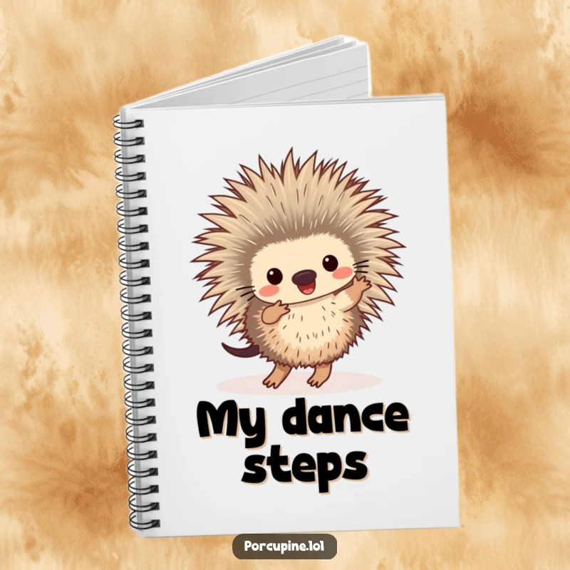 Funny notebook cover featuring a porcupine dancing with rhythmic foot taps, encouraging creative writing and note-taking.