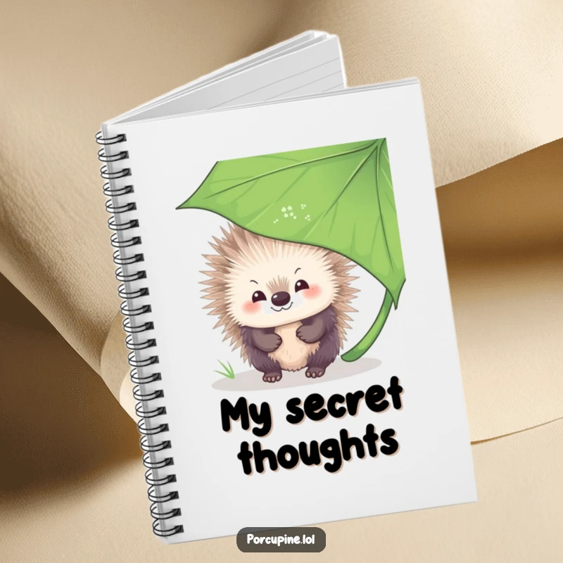 Funny Notebook cover featuring a porcupine with a shy smile, peeking from behind a large leaf, inspiring gentle thoughts and sweet ideas.