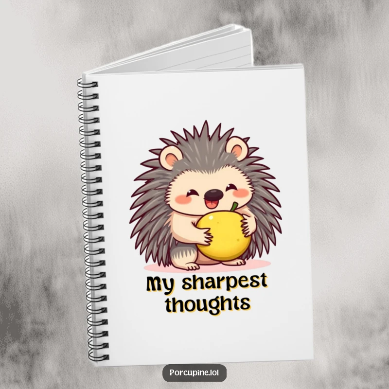 Funny notebook featuring a happy porcupine balancing a small fruit on its quills, ideal for capturing funny notes and ideas.