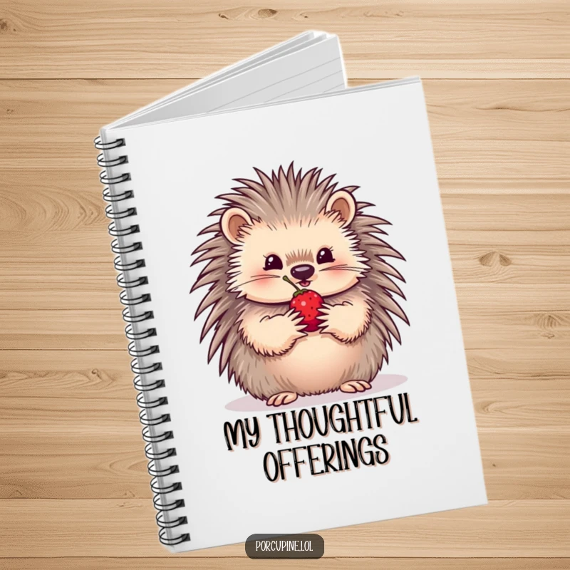 Funny Notebook cover featuring a porcupine offering a single berry held delicately, inspiring gentle thoughts and kind ideas.
