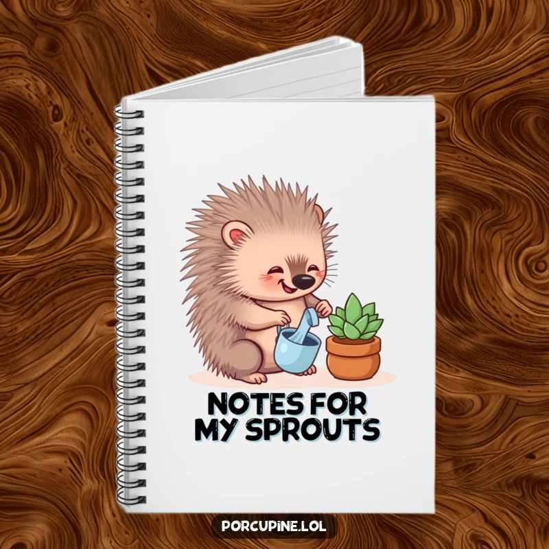 Funny notebook cover with a porcupine joyfully watering a tiny succulent, perfect for jotting notes with a smile.