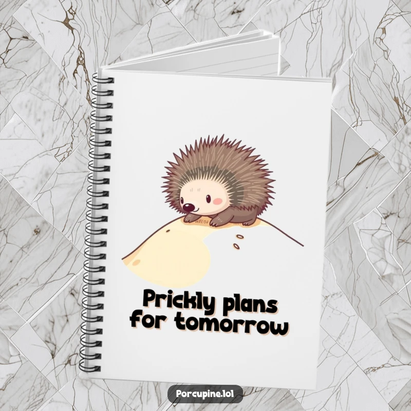 Funny notebook cover featuring a porcupine sliding down a sandy dune, symbolizing adventurous brainstorming and creative fun.