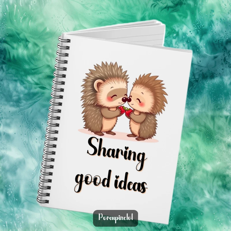 Funny porcupine berry share notebook with two porcupines sharing a tiny berry on the cover, ideal for jotting kind thoughts.