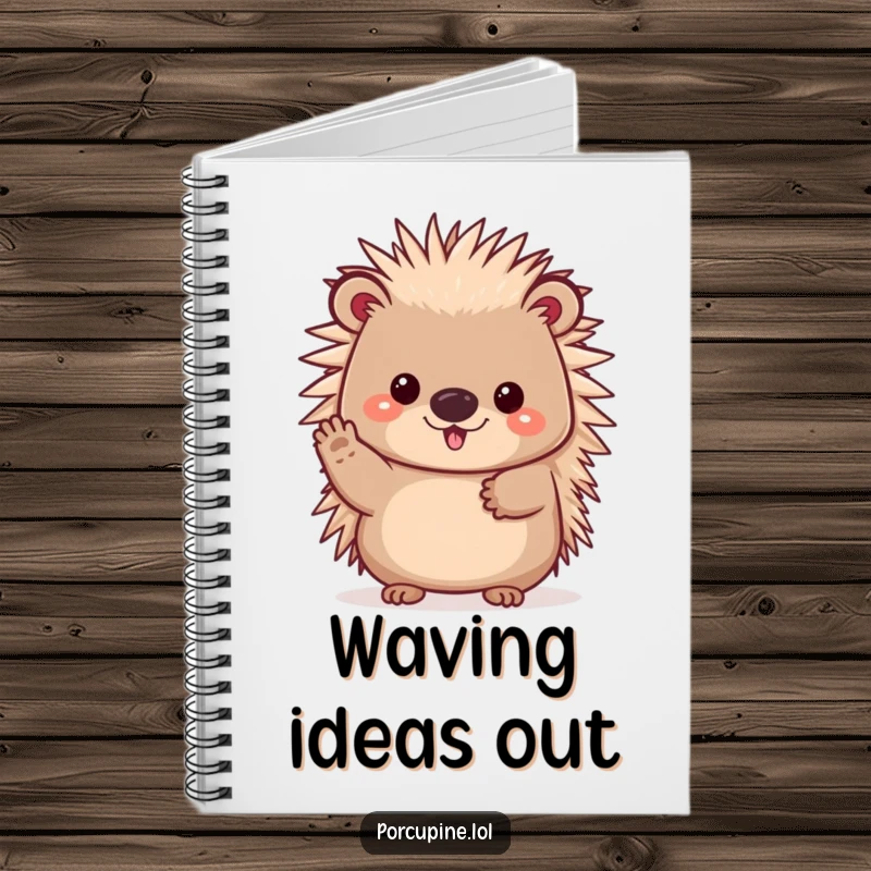 Funny notebook featuring a cheerful kawaii porcupine waving its paw, ideal for jotting down happy ideas.
