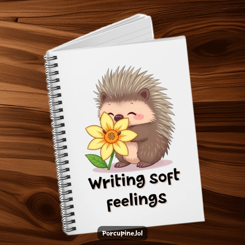Funny porcupine notebook featuring a porcupine with retracted quills hugging a flower, designed for sweet and humorous note-taking.