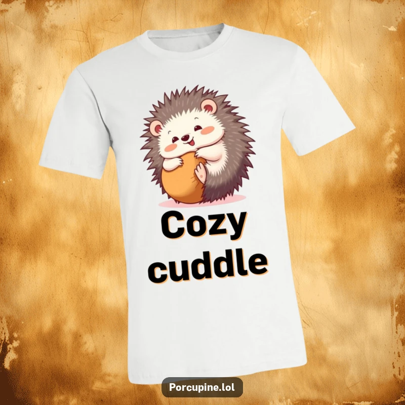 Funny t-shirt with a porcupine playfully rolling into a ball, featuring a happy expression that radiates pure, carefree joy.