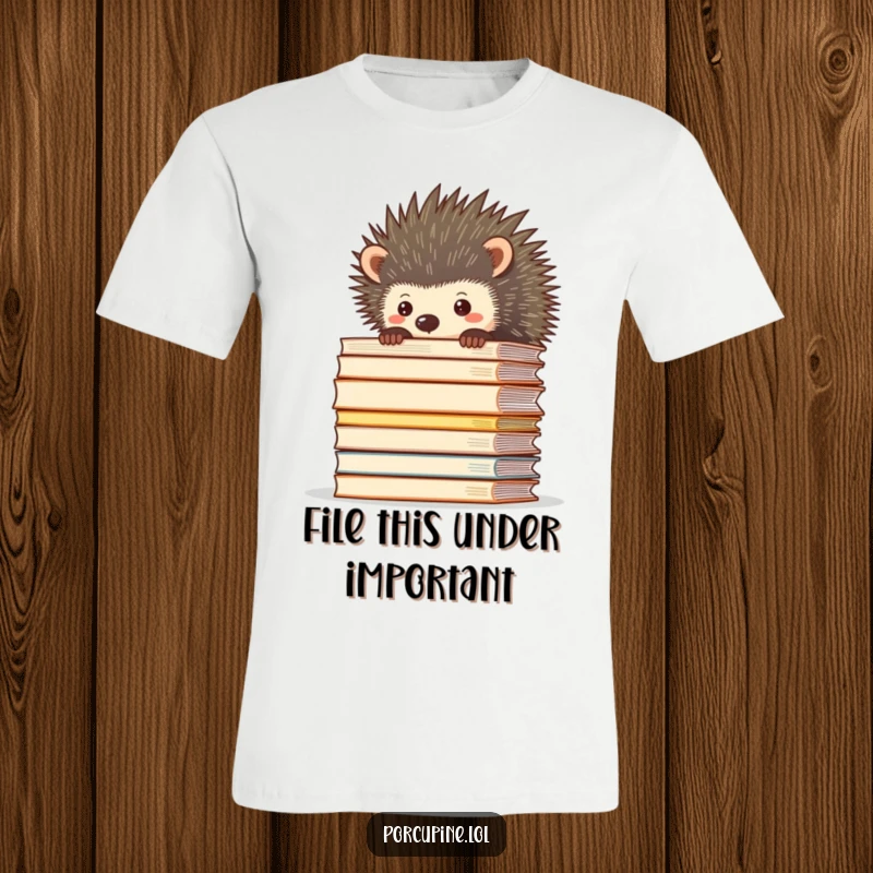 Funny t-shirt depicting a porcupine cautiously peeking over a colossal pile of documents, a visual of work stress.