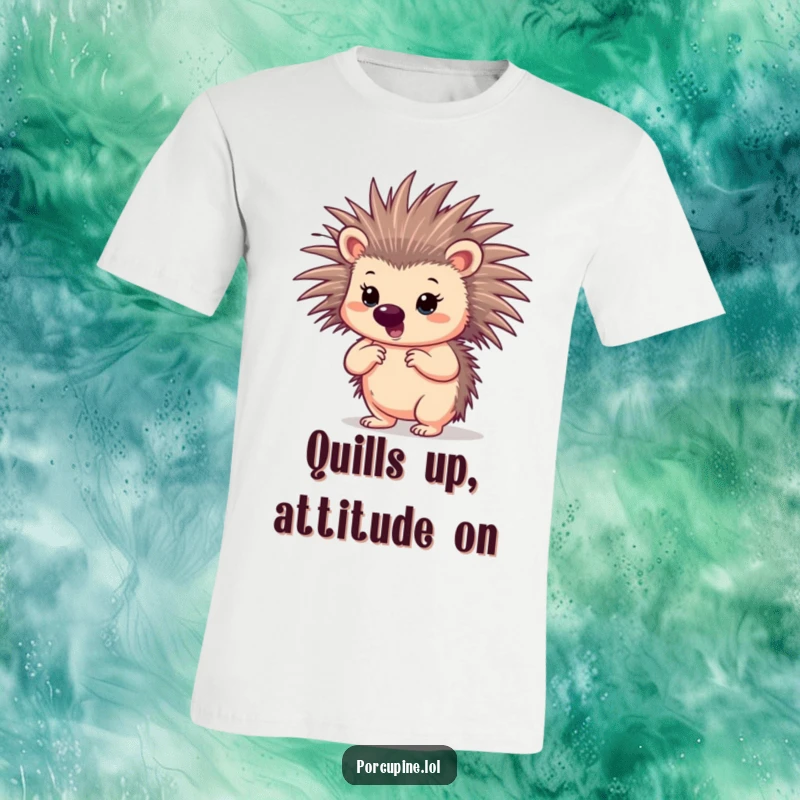 Funny porcupine t-shirt displaying a porcupine striking a confident pose with quills slightly spread, radiating boldness.