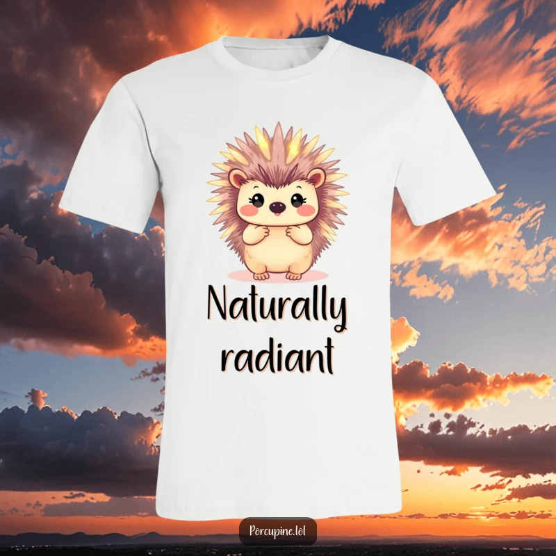 Funny t-shirt design of a porcupine whose quills emit a soft, magical glow, perfect for those who appreciate unique style.