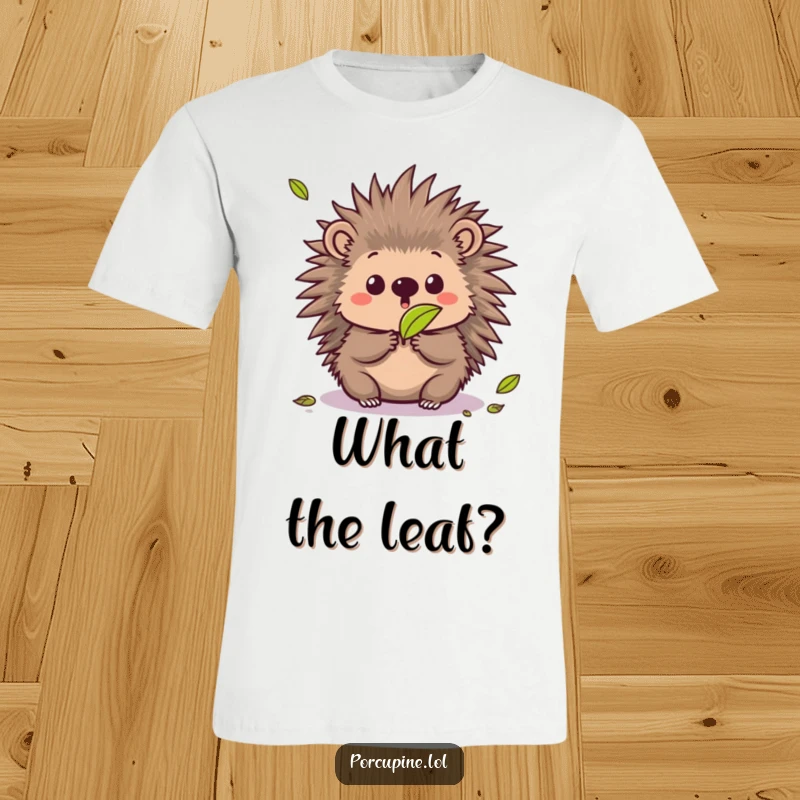 Funny t-shirt showing a kawaii porcupine with a surprised expression as a leaf falls, a humorous and relatable design.