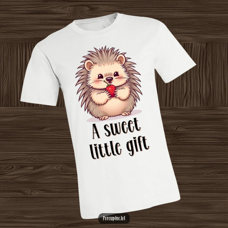 Funny T-Shirt featuring a porcupine tenderly holding a single berry in its paws, offering it with a sweet, bashful smile.