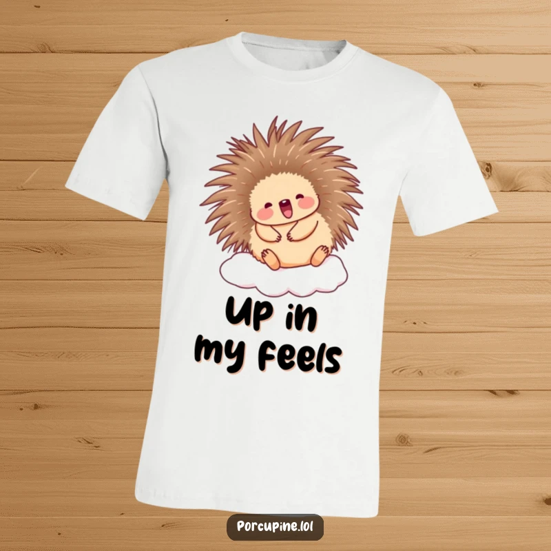 Funny Porcupine T-Shirt: Adorable spiky creature gleefully bouncing on a soft cloud, embodying funny, pure delight.