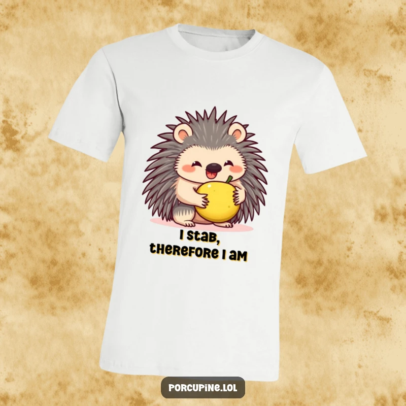 Funny t-shirt showcasing a grinning porcupine struggling to balance a small fruit on its quills, radiating pure, comical effort.