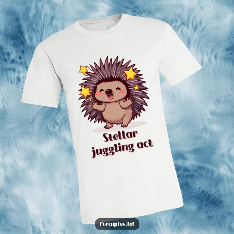Funny Porcupine T-Shirt: A porcupine extends its quills to playfully juggle three dazzling stars, embodying funny, cosmic fun.