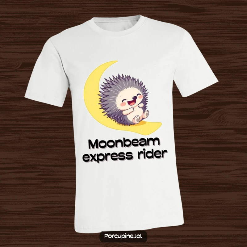 Funny t-shirt showing a porcupine gleefully sliding down a glowing moonbeam, illustrating nighttime fun and a sense of freedom.