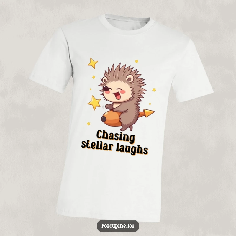 Funny Porcupine T-Shirt: A porcupine gleefully giggling while riding a brilliant shooting star, symbolizing funny, exhilarating travel.