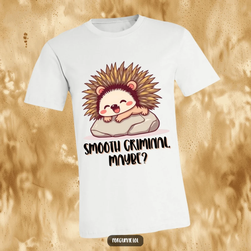 Funny t-shirt depicting a porcupine sliding down a smooth stone with pure glee, radiating happiness and a love for adventure.