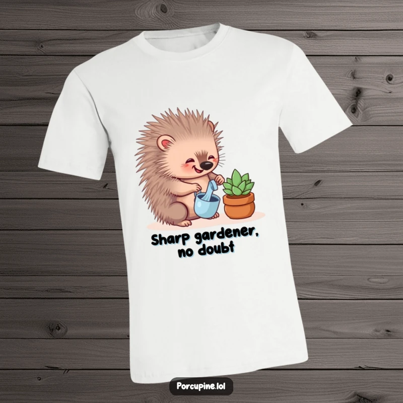 Funny T-shirt showing a porcupine with a watering can tending to a small succulent with pure delight.