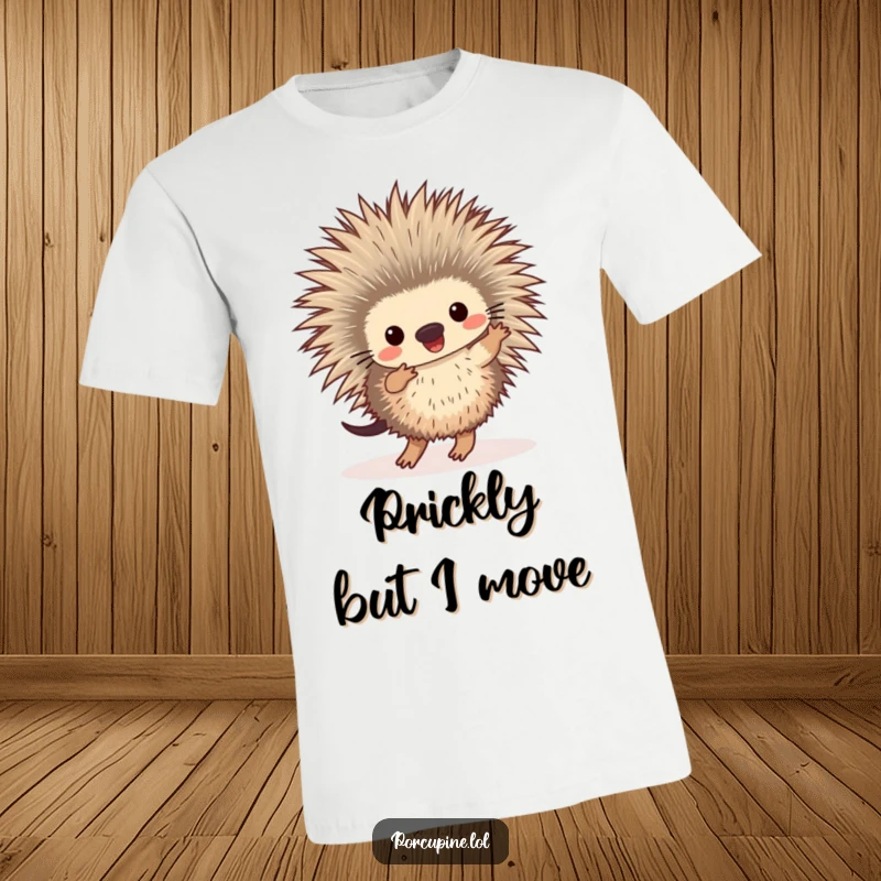 Funny t-shirt showcasing a joyful porcupine performing a lively dance, its feet tapping energetically to an unheard beat.