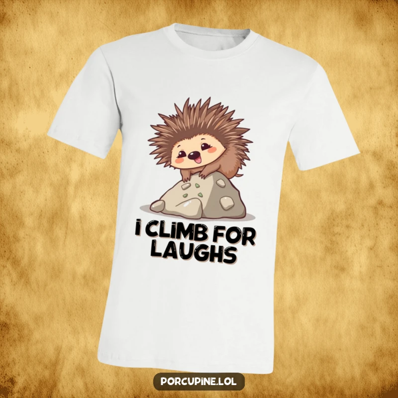 Funny t-shirt showing a goofy kawaii porcupine smiling while climbing a small hill, a design of humorous effort.