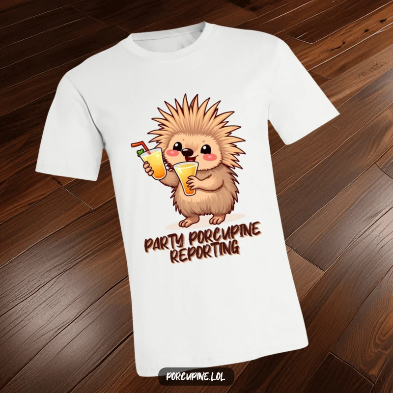Funny cocktail porcupine t-shirt featuring a delighted porcupine clutching a festive drink and waving with gusto, embodying pure party energy.