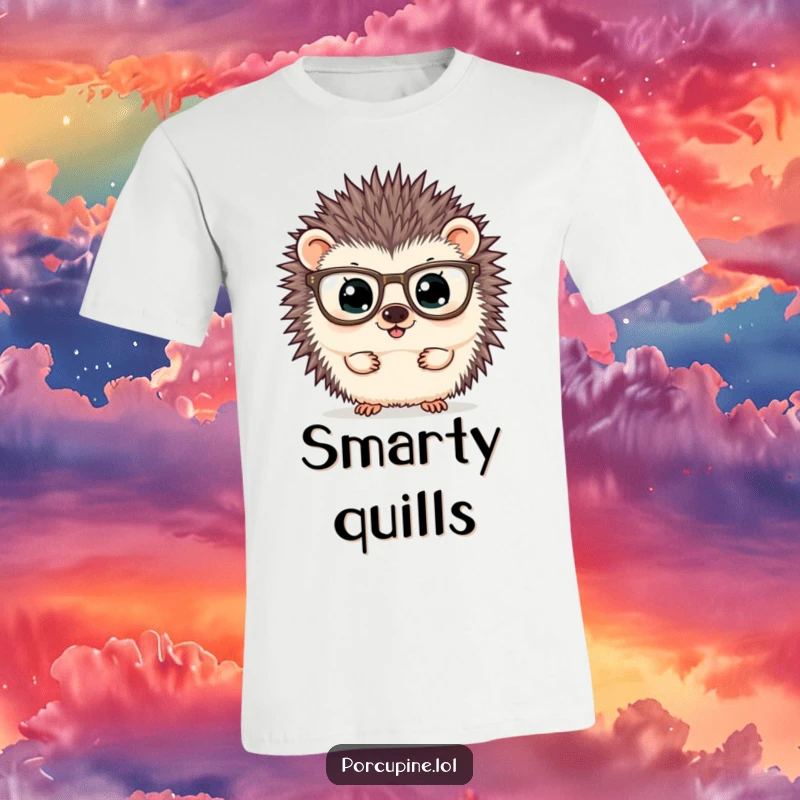 Funny t-shirt with a porcupine sporting oversized glasses and peering curiously, embodying a charming and studious personality.