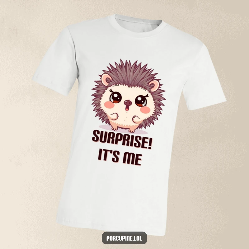 Funny t-shirt with a porcupine making a surprising face and wide eyes, designed to elicit laughter and convey a humorous sense of shock.