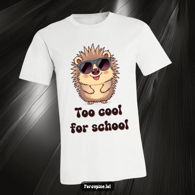 Funny sunglasses porcupine t-shirt showing a smiling porcupine sporting large, trendy sunglasses, radiating a cool and carefree attitude.