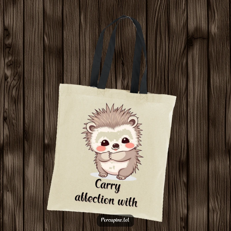 Funny tote bag featuring a porcupine offering a prickly hug with a shy smile, perfect for carrying essentials with a humorous and affectionate touch.