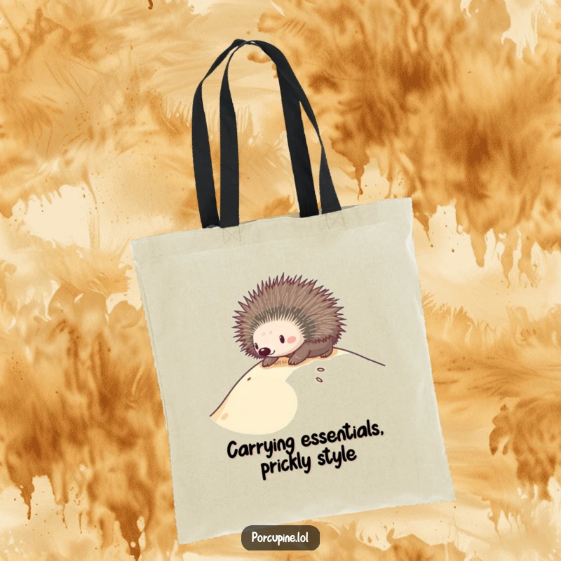 Funny tote bag showcasing a porcupine enjoying a sandy dune slide, a symbol of pure, unadulterated fun.