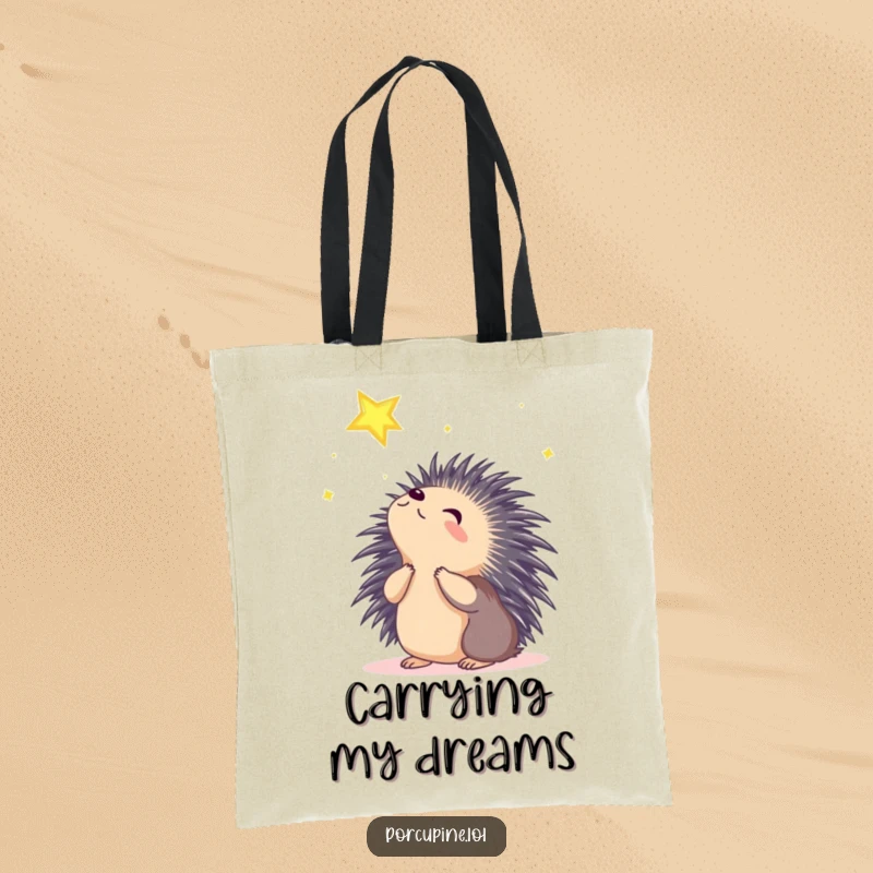 Funny porcupine tote bag featuring a porcupine looking up at a shining star with wonder, perfect for aspiring dreamers.
