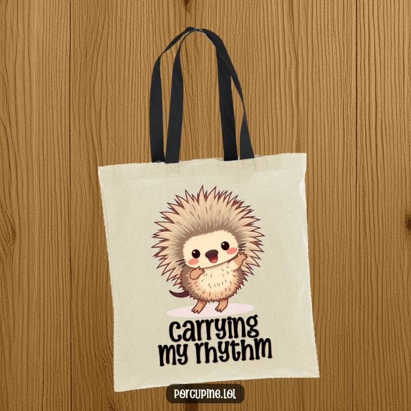 Funny tote bag illustrated with a porcupine doing a cheerful dance, its feet tapping a rhythm, ideal for carrying essentials.