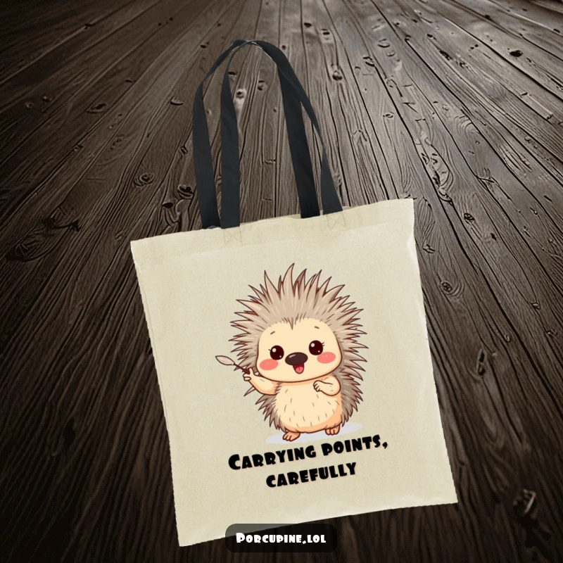 Funny Porcupine Tote Bag: A spacious tote showcasing a porcupine enthusiastically gesturing with one gentle quill, ideal for carrying items with style.