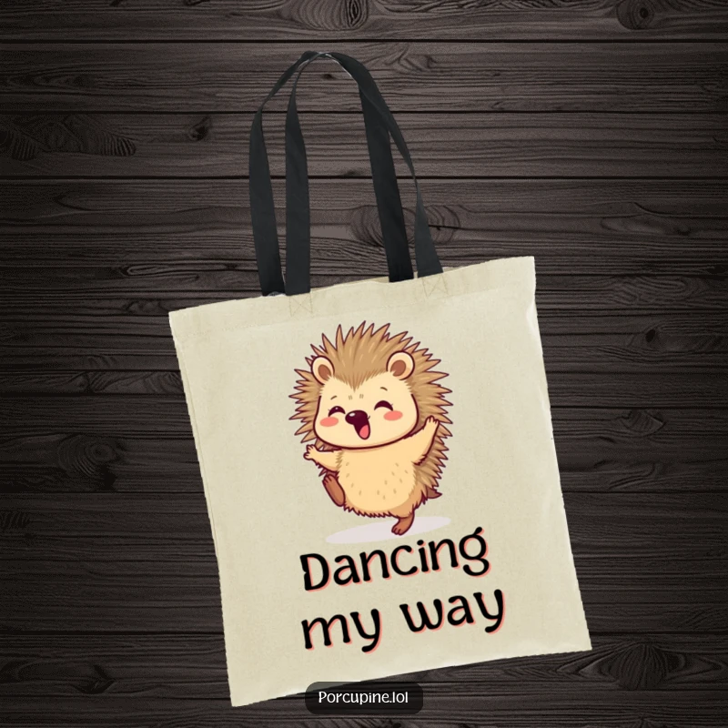 Funny Tote Bag featuring a porcupine joyfully dancing, its hind legs energetically lifted in a moment of pure, uninhibited celebration.