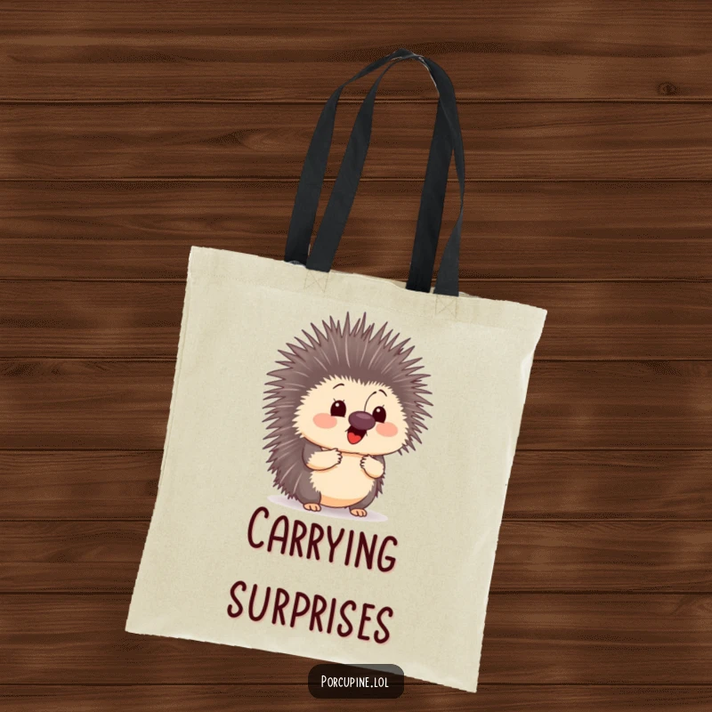 Funny tote bag illustration of a surprised porcupine with a butterfly on its nose, perfect for carrying items with a whimsical touch.