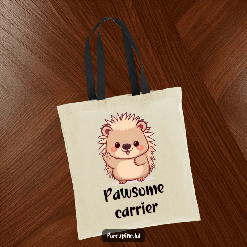 Funny tote bag featuring a cheerful kawaii porcupine waving its paw, a friendly and humorous accessory for shoppers.