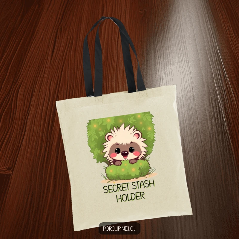 Funny Kawaii Porcupine Tote Bag: Cute cartoon porcupine with a mischievous grin, peeking from behind a shrub, perfect for carrying essentials.