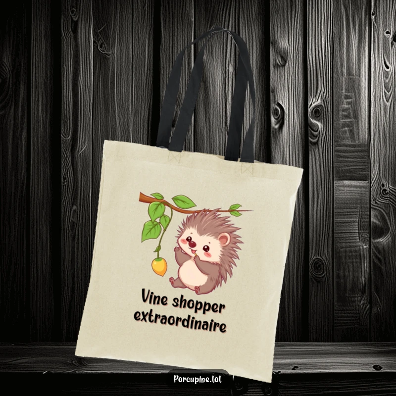 Funny tote bag depicting a kawaii porcupine playfully batting at a dangling vine, emphasizing its cute and mischievous nature.