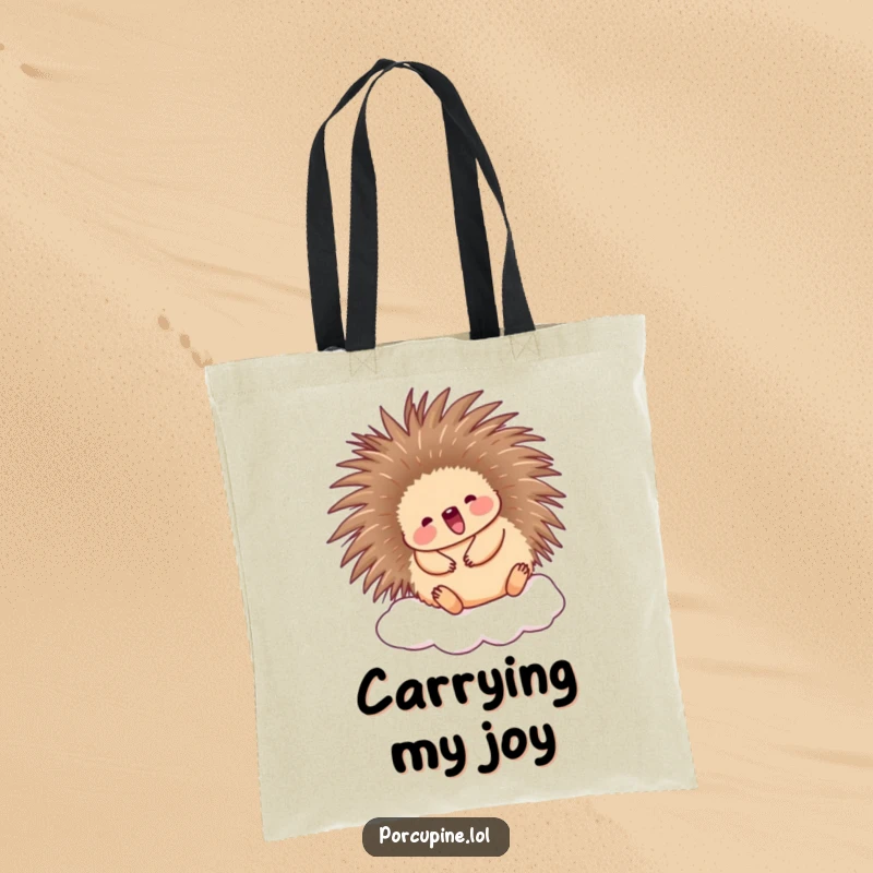 Funny Porcupine Tote Bag: Cute porcupine joyfully bouncing on a cloud, perfect for carrying your happy finds.