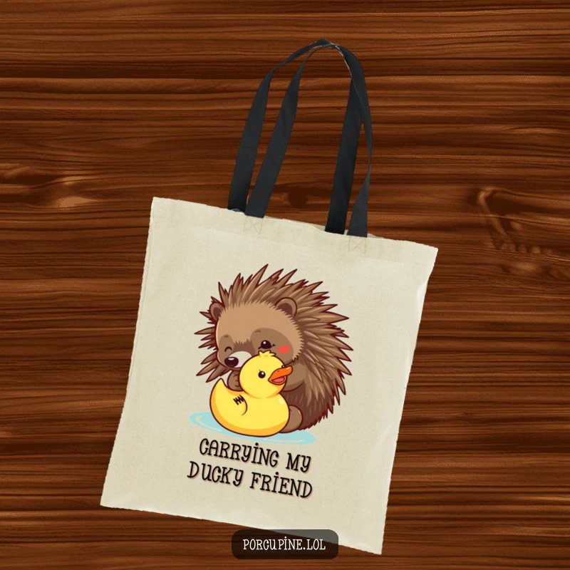 Funny tote bag featuring a porcupine playfully poking a rubber ducky, great for adding humor to shopping and travel.