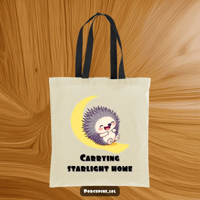 Funny tote bag capturing a porcupine gleefully sliding down a luminous moonbeam, a charming and humorous companion for errands.