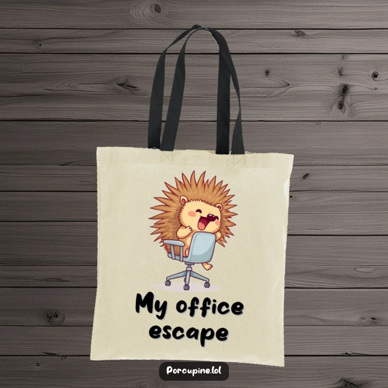 Funny porcupine tote bag featuring a porcupine excitedly riding a runaway rolling office chair, stylish and useful.