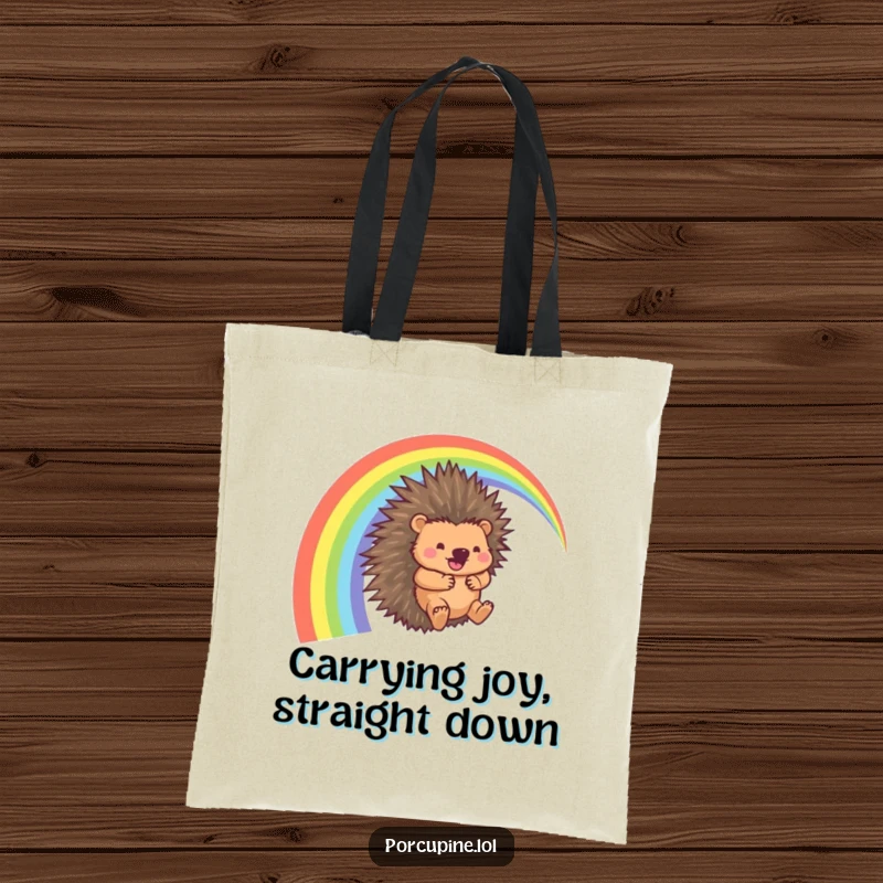 Funny Porcupine Tote Bag: A spacious tote showcasing a porcupine happily sliding down a rainbow arc with a whooshing sound, great for shoppers.