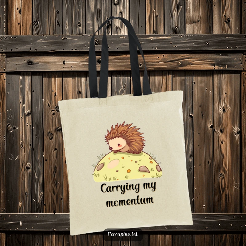Funny tote bag illustration of a happy porcupine rolling down a hill, a delightful and humorous accessory for everyday use.