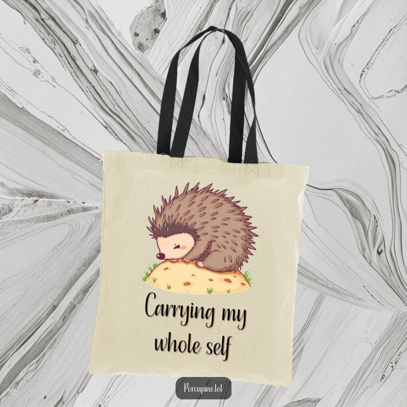 Funny tote bag depicting a porcupine comically rolling downhill, quills out, perfect for carrying groceries or smiles with a funny twist.